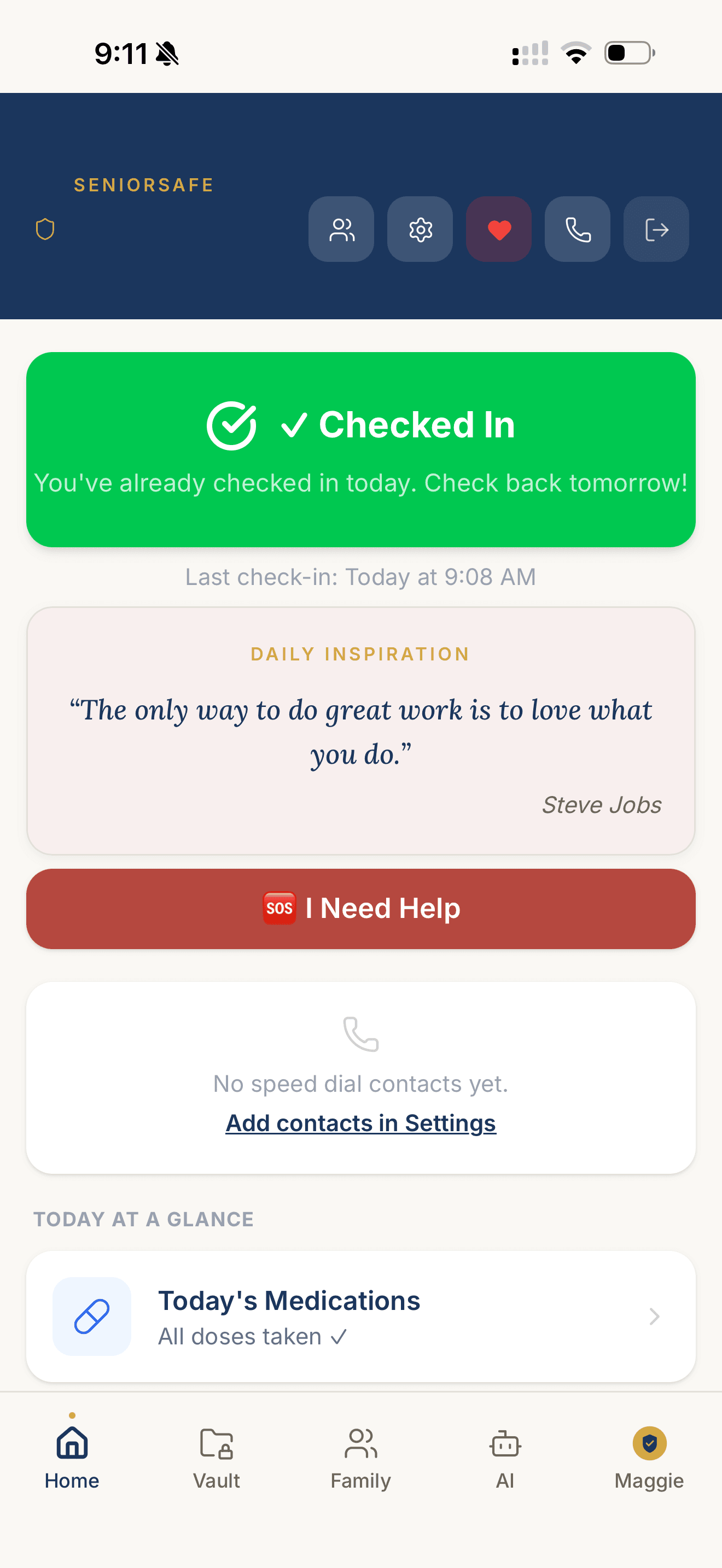 The SeniorSafe app home screen on iPhone: one-tap daily check-in, today's medications, the family hub, and the SOS help button